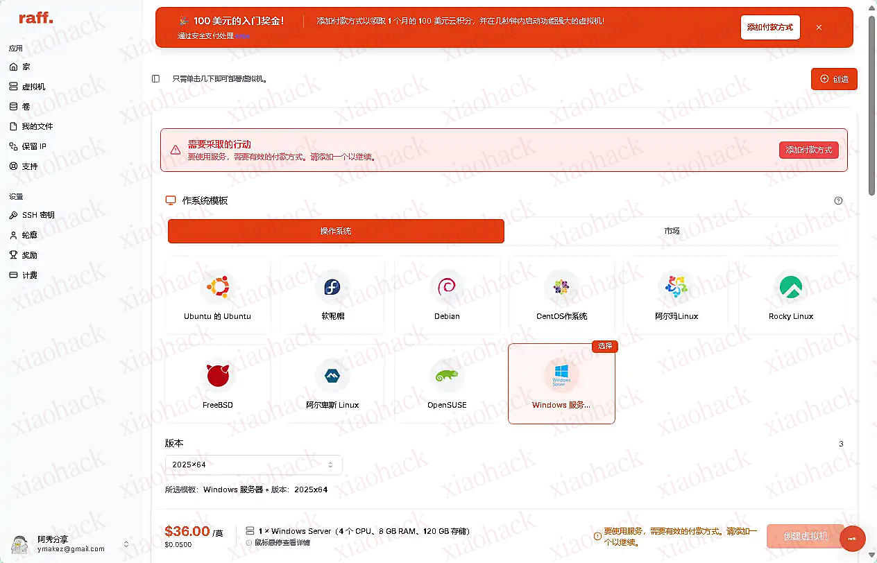 RAFF领取免费云服务器，薅100美元余额